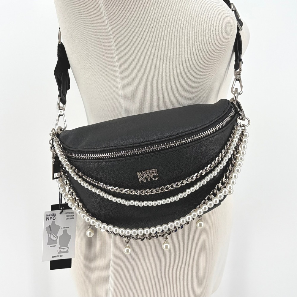 Madden NYC Fannypack Crossbody Black Pearl Chain Convertible Compact